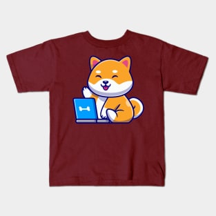 Cute Shiba Inu Dog With Laptop Cartoon Kids T-Shirt